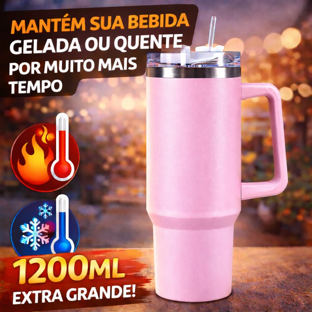 Caneca Térmica Inox 1200ml Copo Térmico com Alça e Canudo Mantém Bebida Gelada - Rosa