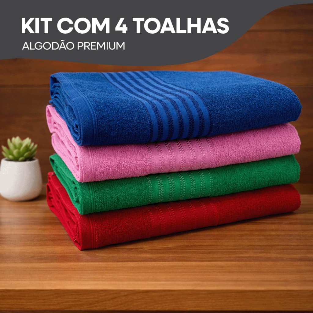 Kit 4 Toalhas De Banho 100% Algodão Grande 67x130 Barata Atacado Toalha Linha Premium Alta Absorção Macia Felpuda