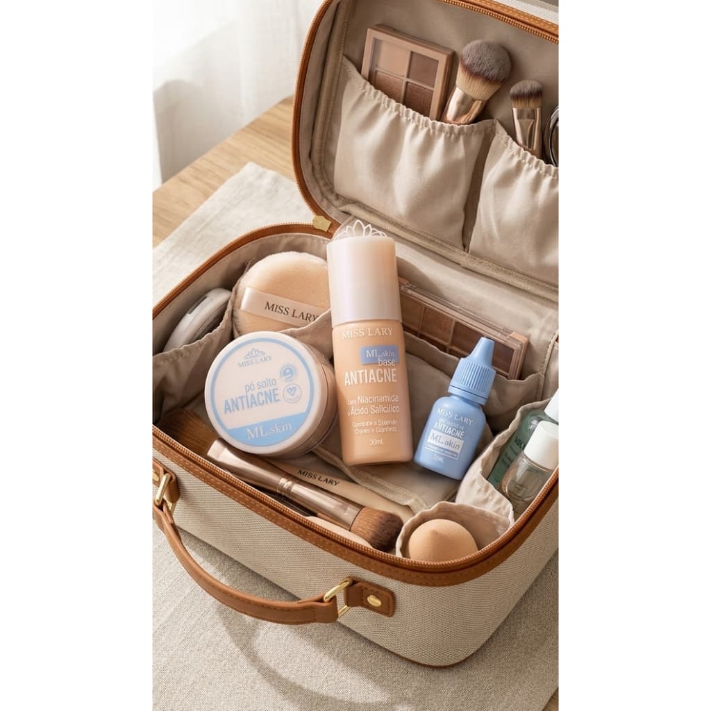 KIT! Base Liquida Antiacne + Gel Secativo + Pó Solto Antiacne - Miss Lary - 93g
