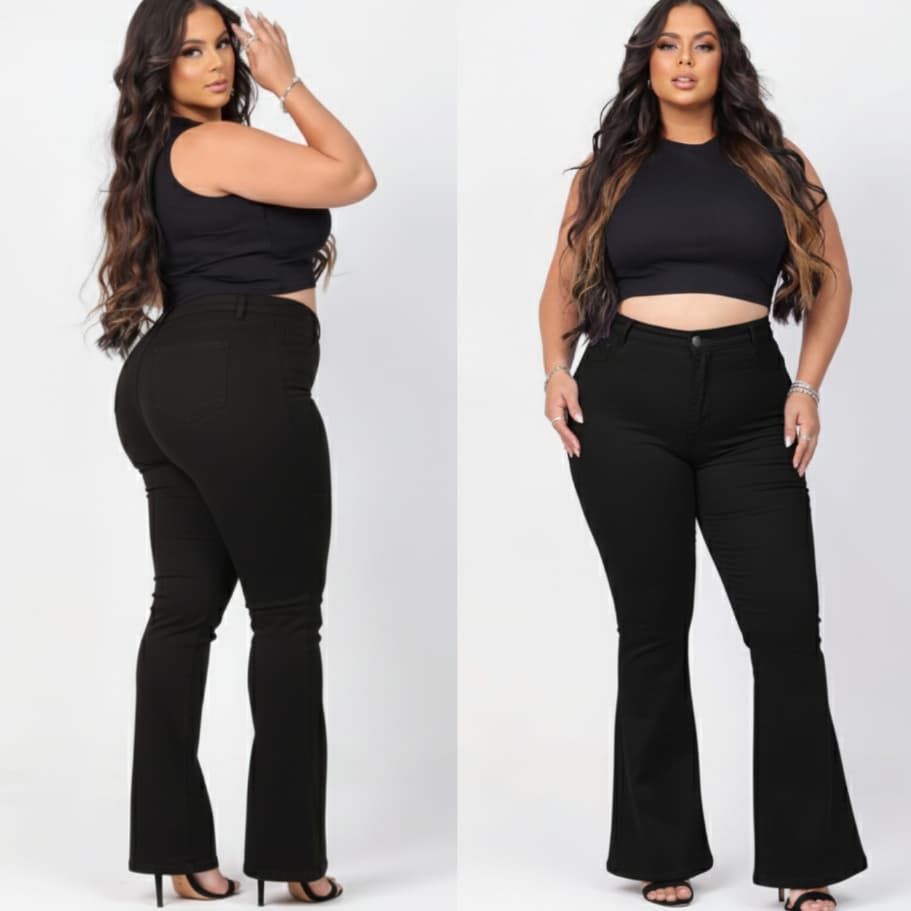 Calça Flare Preta Plus Size com Elastano Original Não Desbota Levanta Bumbum