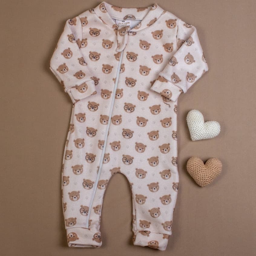 Macacão Bebê Soft Peluciado Estampado Ursinhos Pijama Quentinho Manga Longa Zíper Inverno