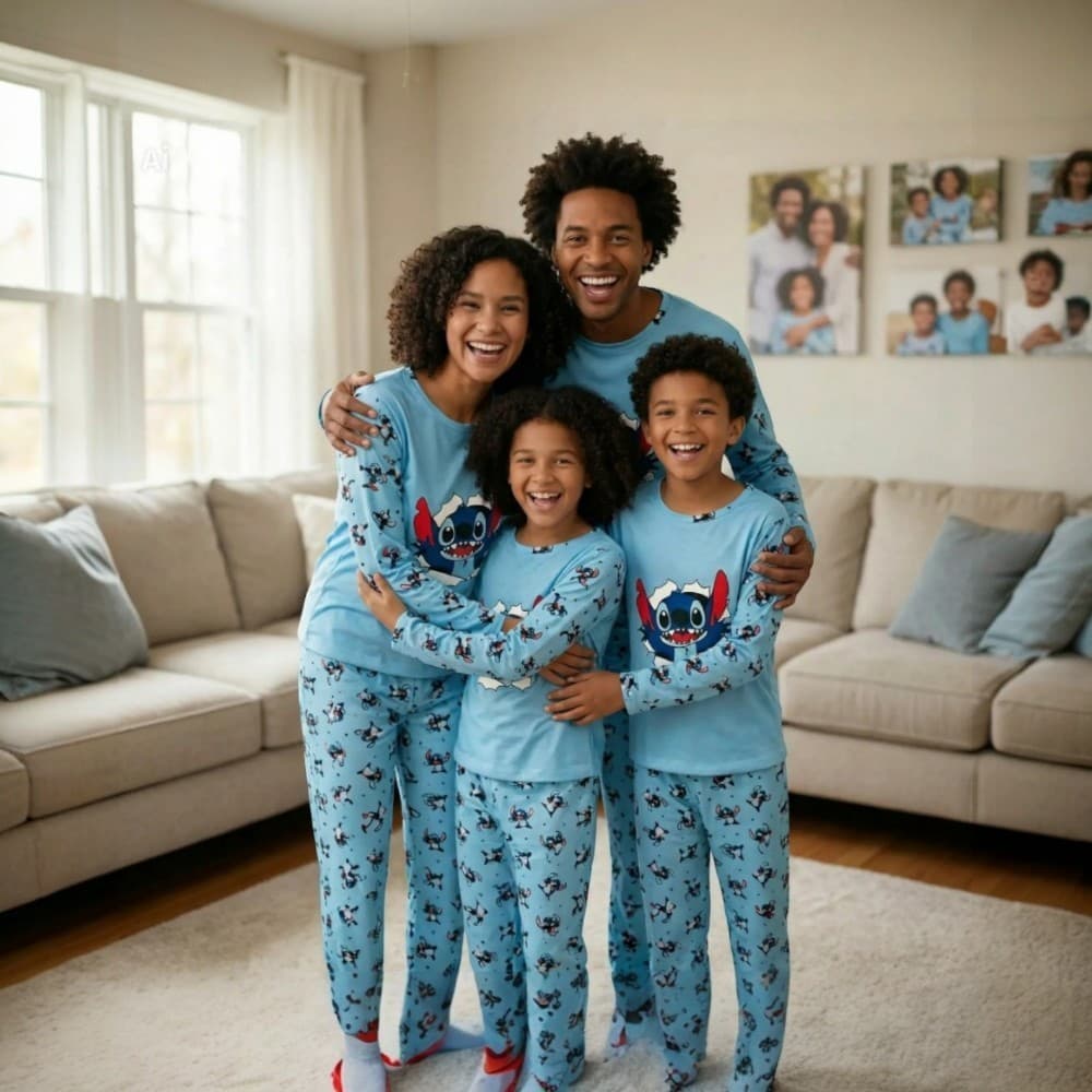 Pijamas Combinando Família Longo Inverno Malha Personagem Stitch Promoção