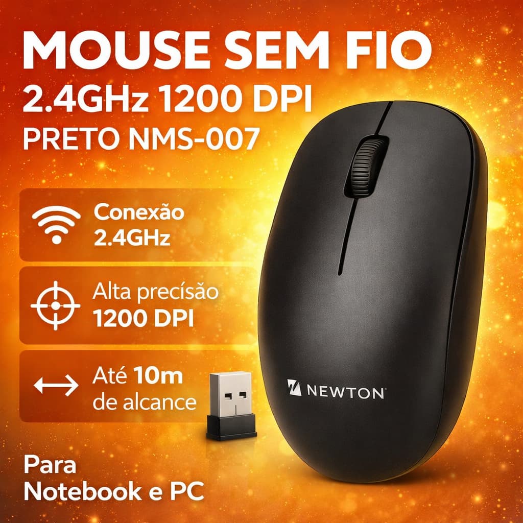 Mouse Sem Fio Wireless 2.4GHz 1200 DPI USB Preto NMS-007 | Mouse Óptico para Notebook e PC