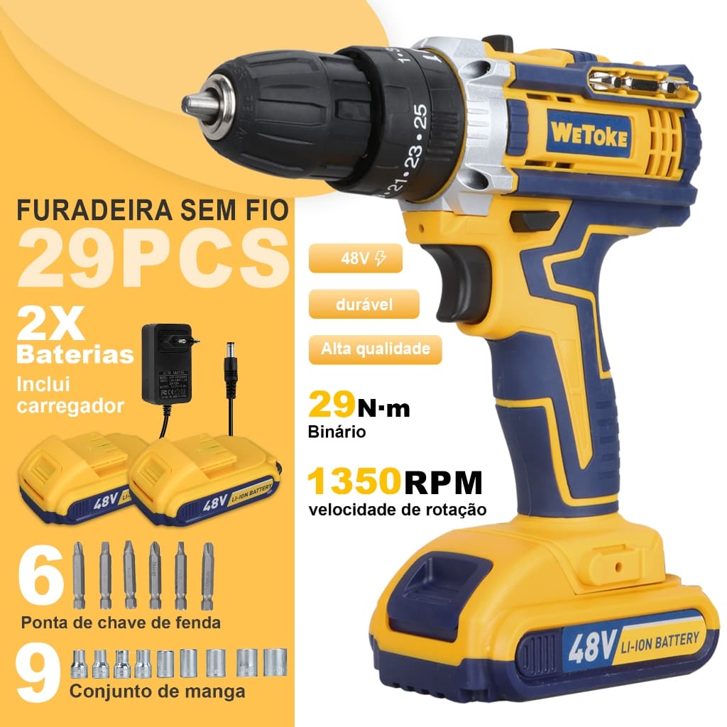 Furadeira Parafusadeira Impacto 48v Sem Fio 2 Baterias 1300mah 1400rpm 35nm Led Carregador Rápido E Kit Completo