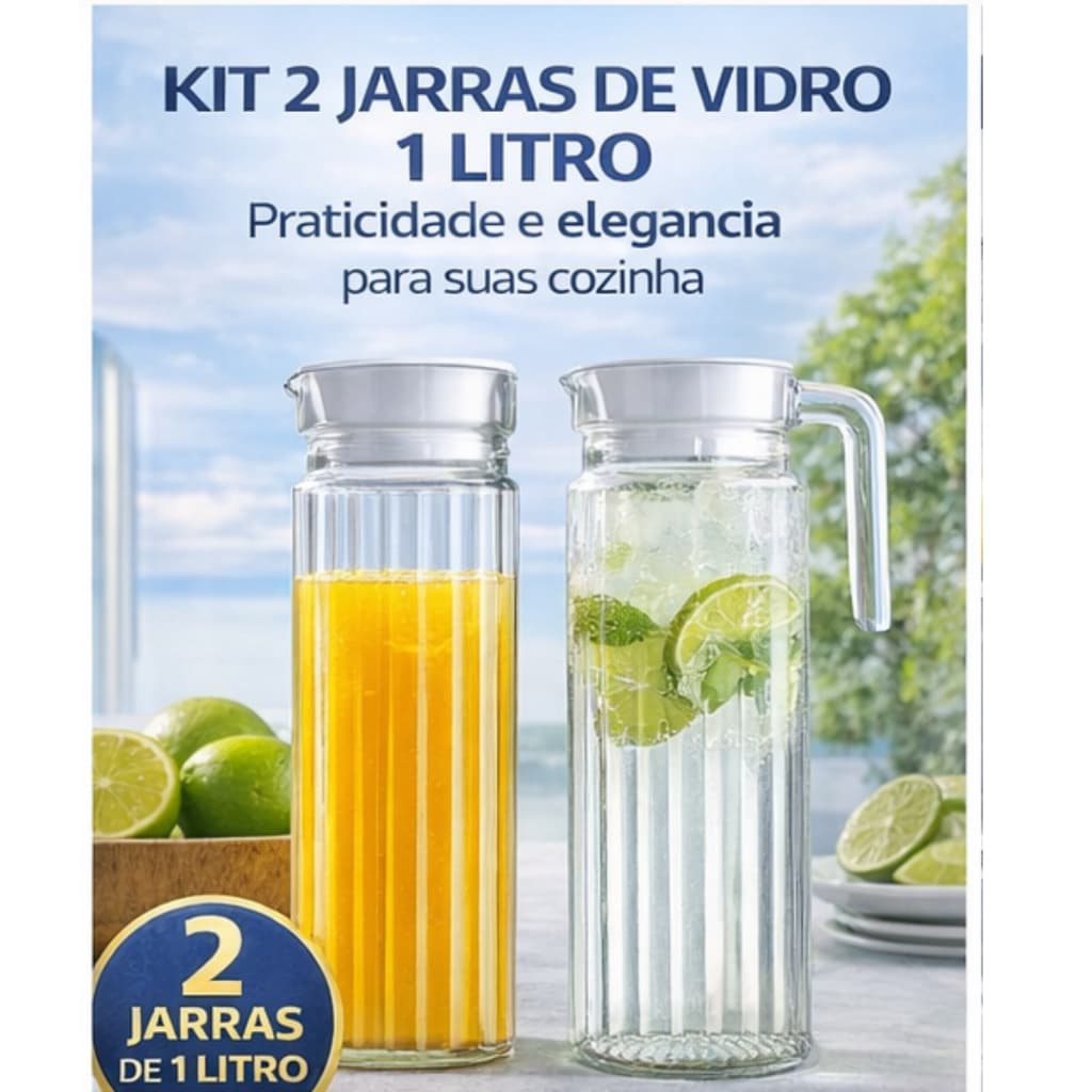 Kit 2 Jarras De Vidro Frigo 1L Para Geladeira Transparente Com Alça  Suco Água
