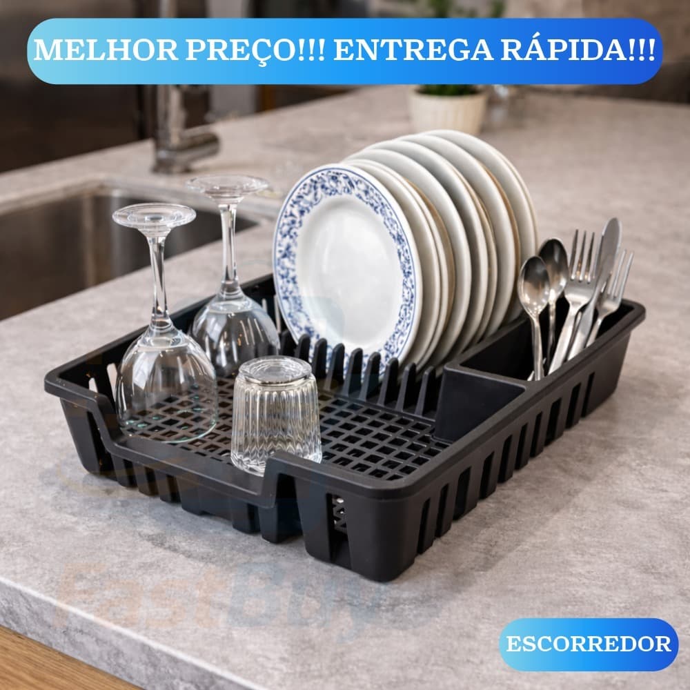 Escorredor de Louça 12 Pratos Cozinha Organizador de Pia Preto Porta Talheres Copos Plástico
