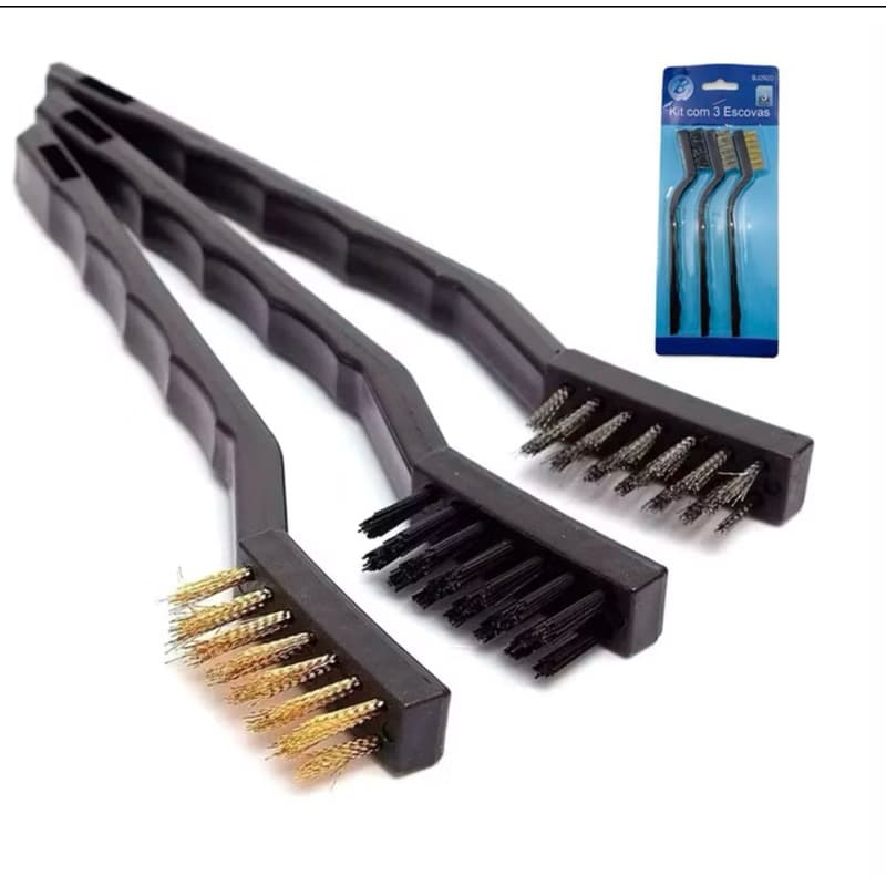Escova de aço multiuso kit 3 peças com cabo plástico com cedas de Nylon, aço e latão