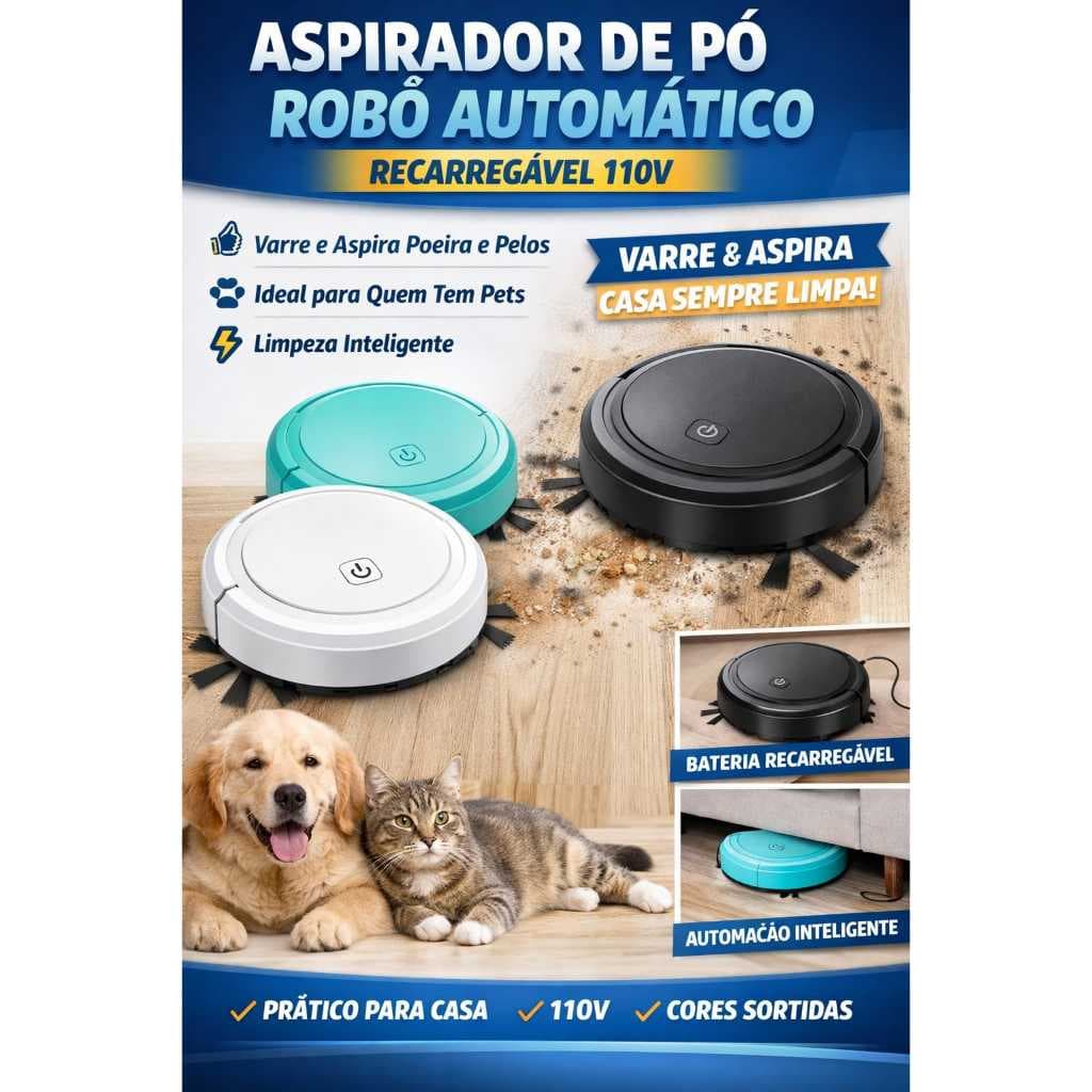 Aspirador de Pó Robô Automático Recarregável 110V Limpeza Inteligente Varre e Aspira Casa Pet (Cores Sortidas)