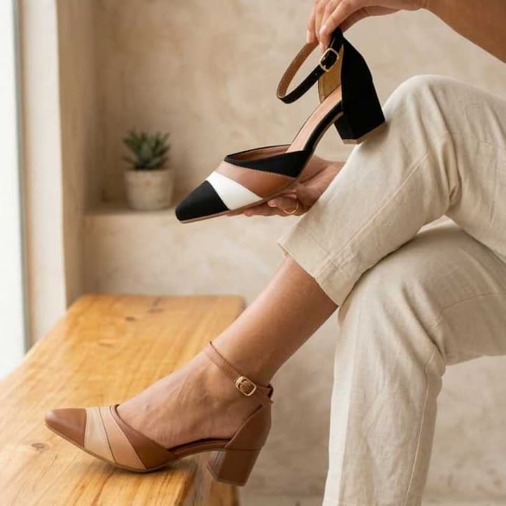 Scarpin Feminino Salto Bloco Salome Bicolor Elegante Conforto