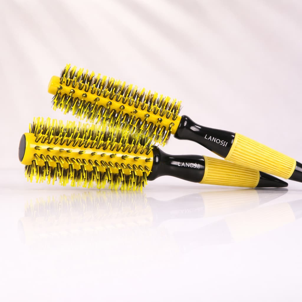 Escova De Cabelo Alisadora Térmica Cerdas Mistas Amarela Lanossi 15mm e 27mm