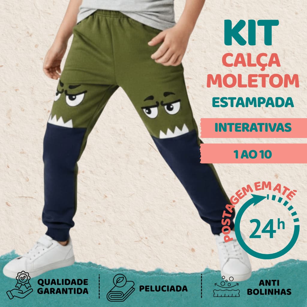 1 ou 3 Calças Moletom Infantil Menino Jogger Com Punho Peluciada Estampa Interativa Tam 1 ao 10