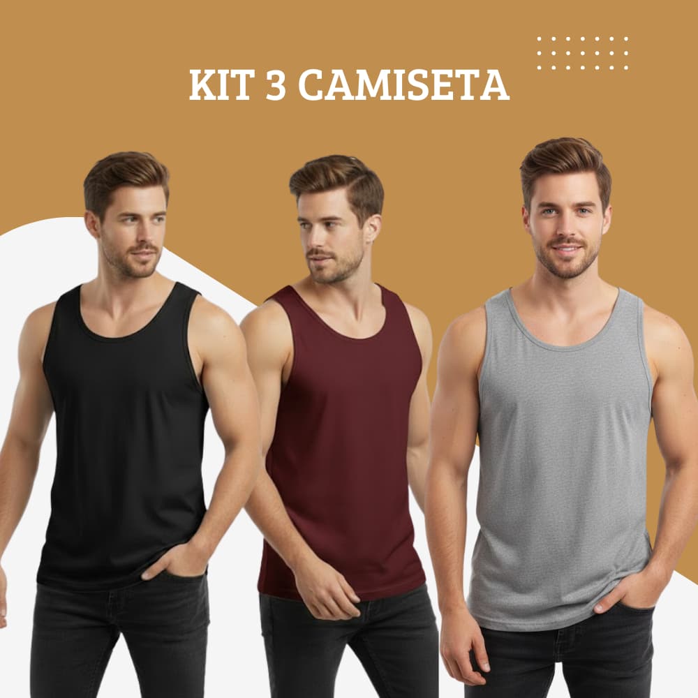 Kit 3 Regata Camisa Masculina 100% Algodão Camiseta Básica Lisa Premium Academia
