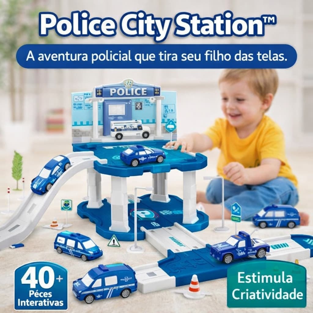 Pista Policial Infantil 40 Peças Police City Station™ Estacionamento Brinquedo Educativo com Carros