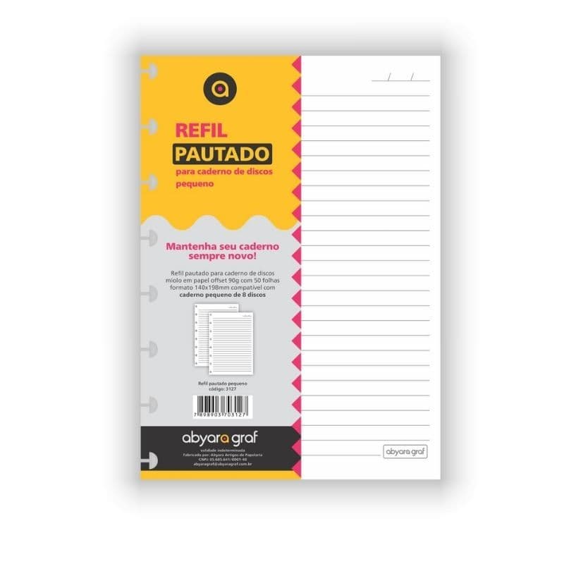 Refil De Folhas Pautadas Para Caderno de Discos Com 50 Folhas A5 (8 Furos)