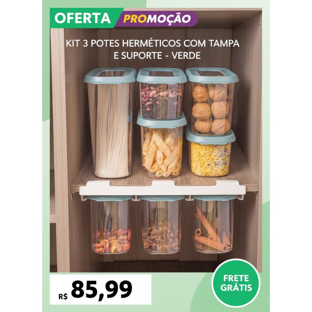 Kit 3 Potes com Tampa e Suporte - Verde, cozinha praticidade organização resistente