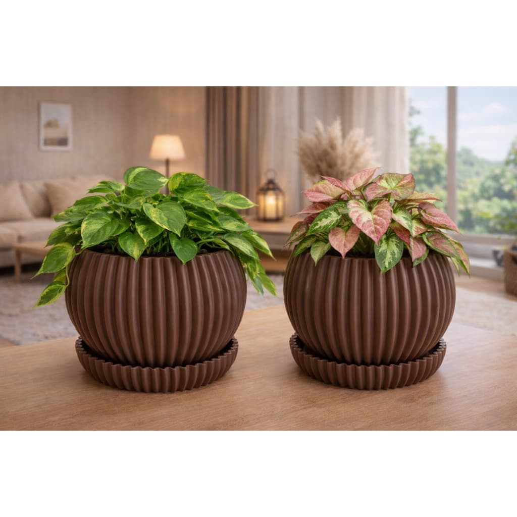 Kit 2 Vasos Decorativos com Prato para Plantas, Vaso Moderno Canelado para Suculentas, Flores e Decoração de Casa