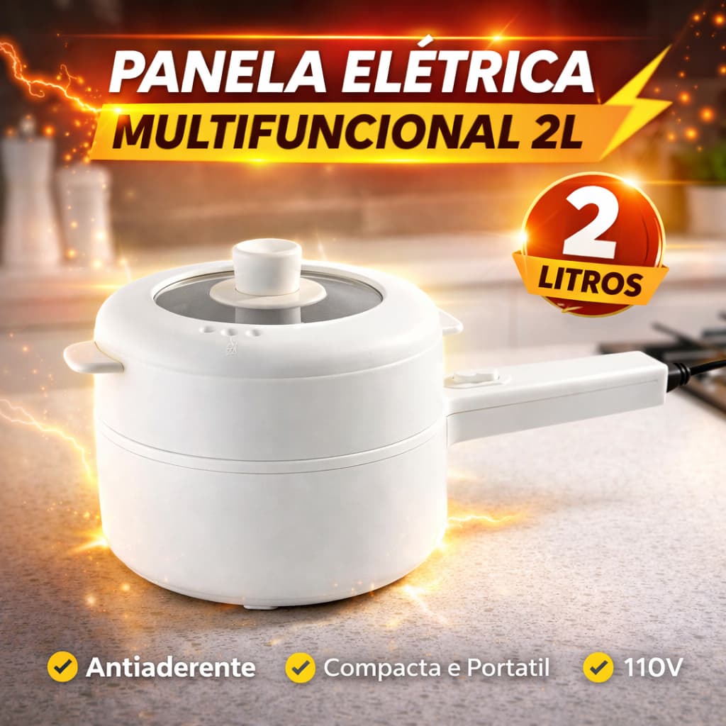 Panela Elétrica Multifuncional 2L Antiaderente Compacta Portátil 110V e 220V Cozinha Vapor Cerâmica