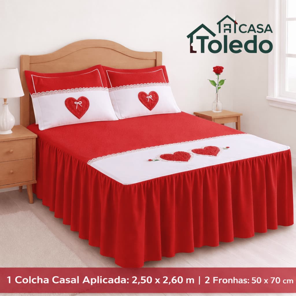 Colcha Casal Oxford detalhes em Coração kit quarto detalhe coracao vies babado enviezado caimento