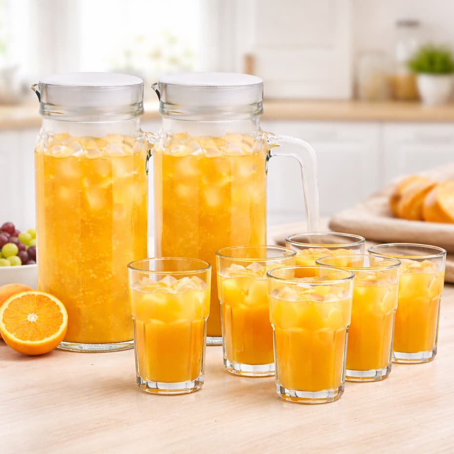 Kit 2 Jarras de Vidro 1L + 6 Copos 350ml Conjunto para Suco Água Bebidas Mesa Posta Vidro Transparente