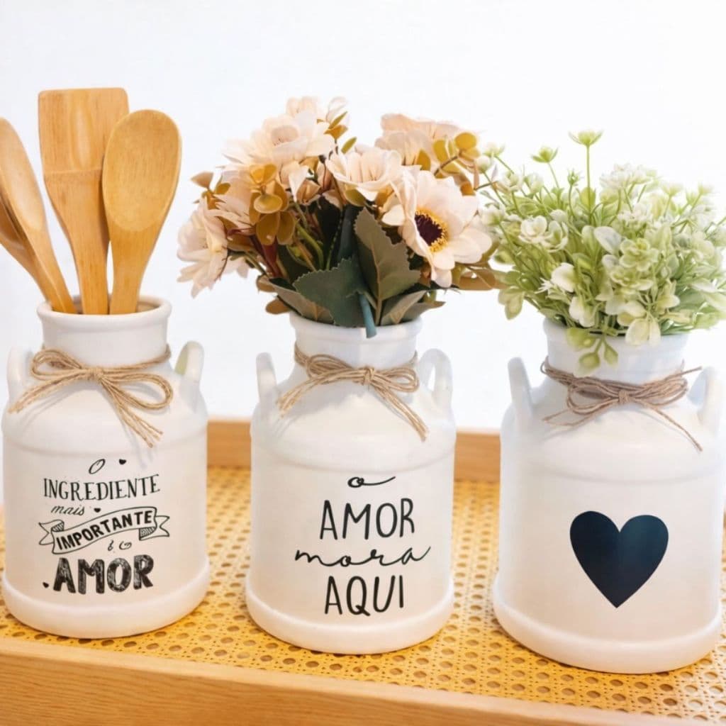 KIT 3 Porta Talher Ceramico Branco Decorados Organizador Cozinha Casa