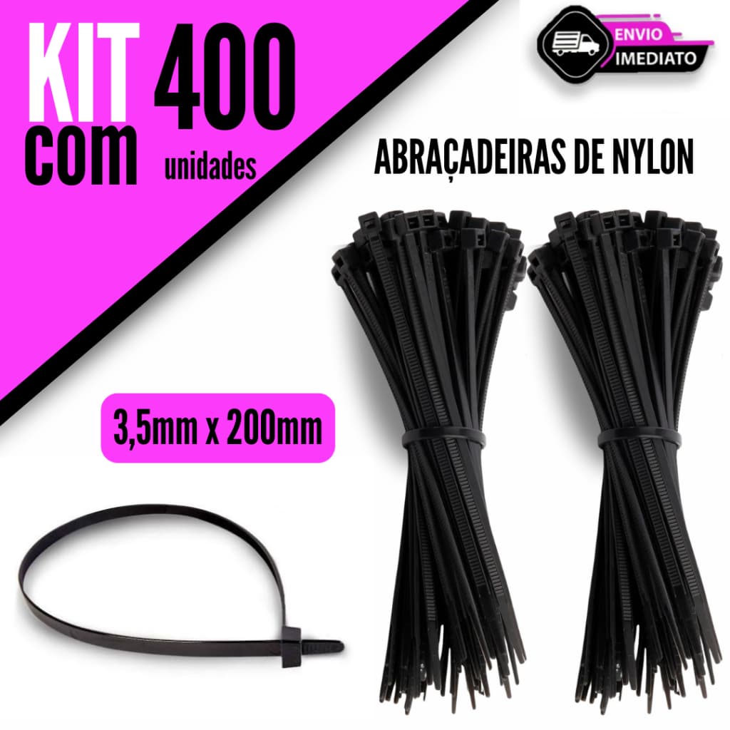 Kit 400/300/200/100 Unidades Abraçadeira Nylon Preto Tipo Enforca Gato 3,5x200mm Alta Resistência