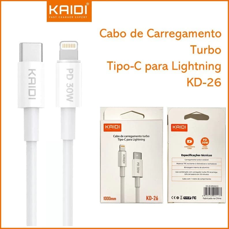 Cabo de Dados e Carregamento Turbo 30W Tipo-C para Lighting KAIDI KD-26