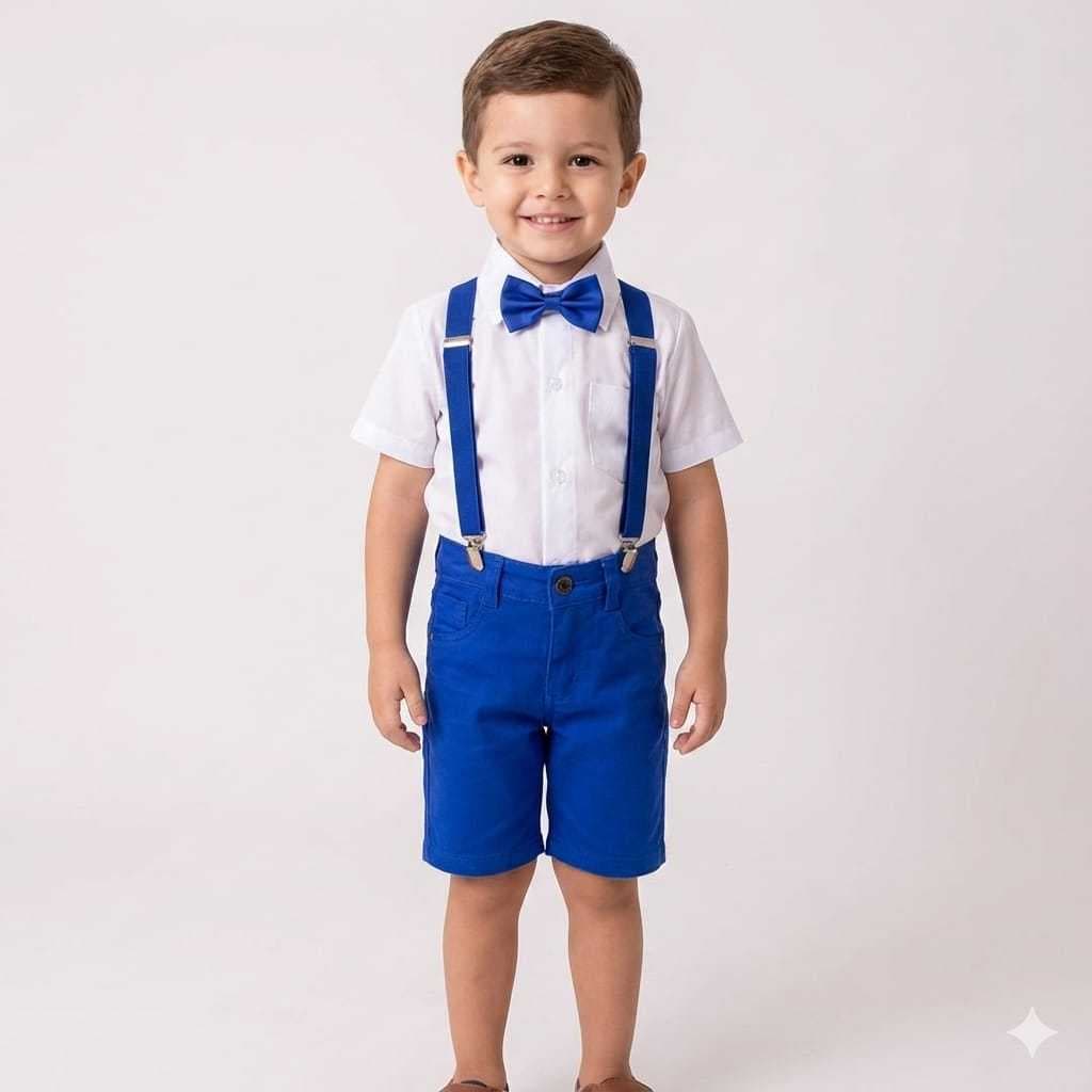 Conjunto Liso Azul Royal Camisa Manga Curta Branca Bermuda Suspensório e Gravata Azul Royal