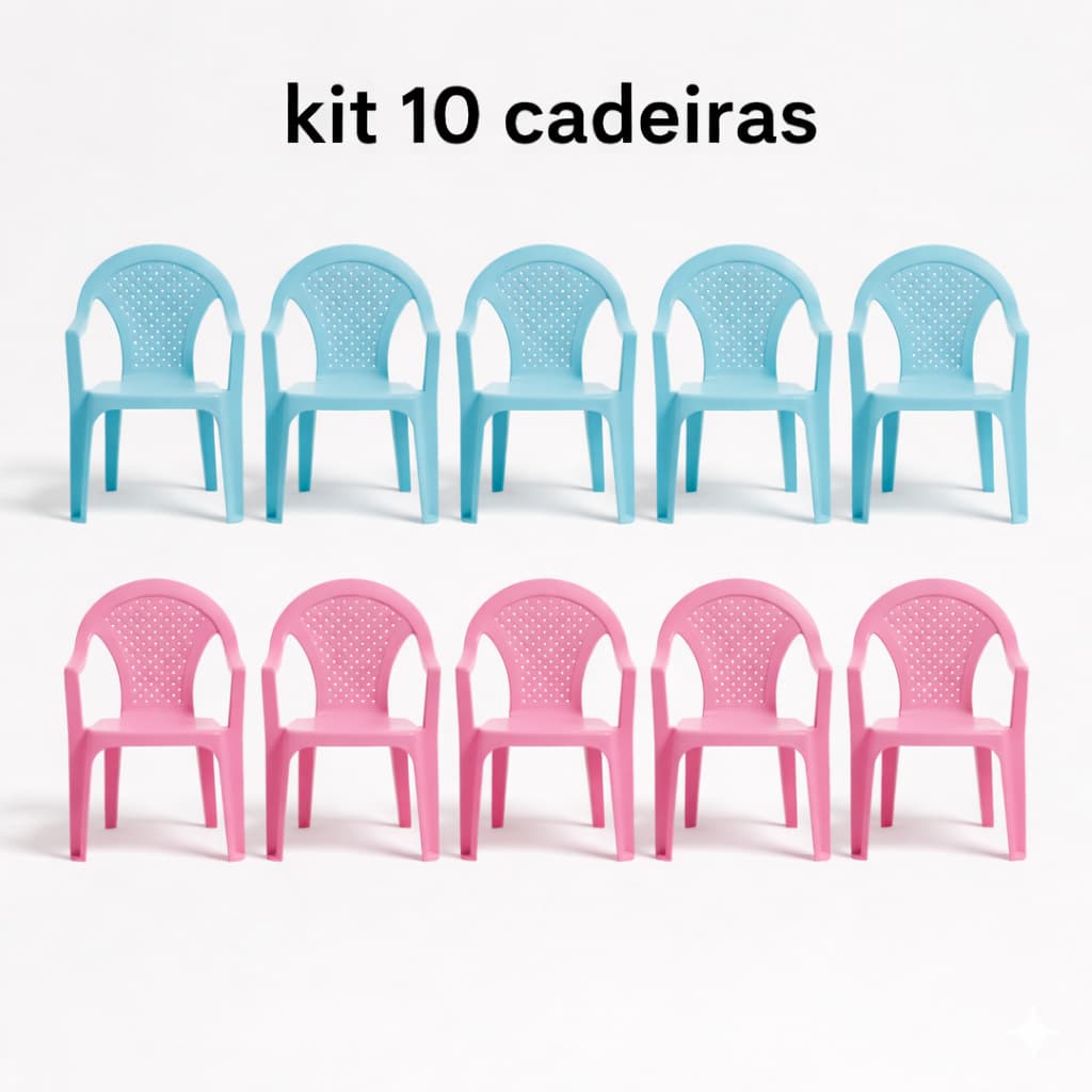 Kit 10 Cadeira Infantil Azul Rosa Plástico Resistente EmpIlhável Criança Escola Festas Creche Forte