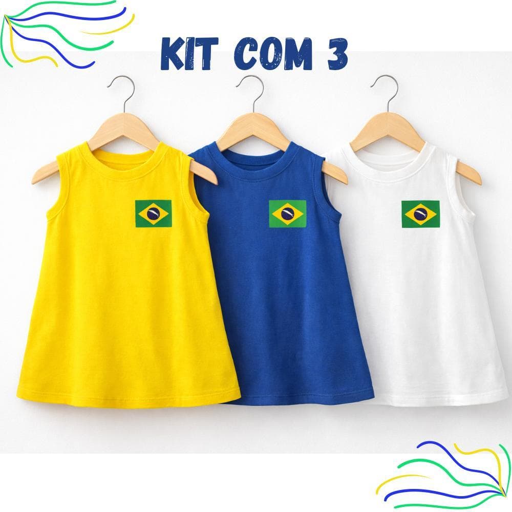 Kit 3 Vestido Infantil Menina Brasil Time Torcida Moda Casual Verão Dia a Dia Copa do Mundo Bandeira Amarelo Azul Branco
