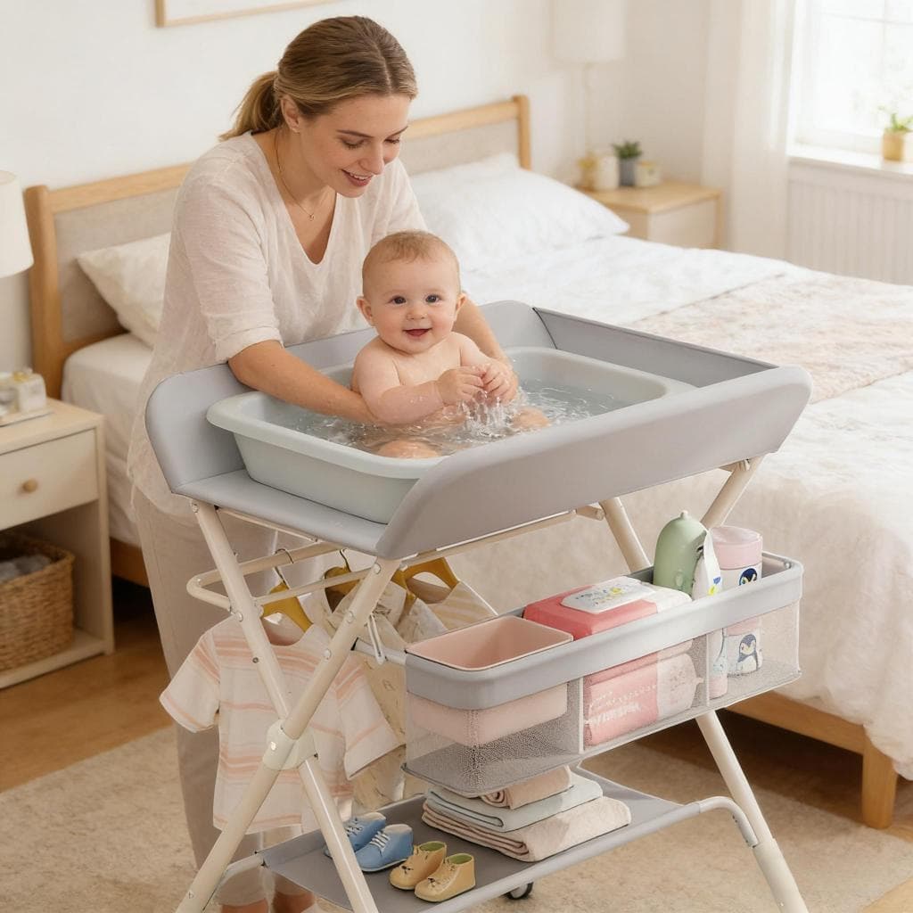 Trocador de Fraldas Portátil Dobrável com Rodinhas, Mesa Banho Bebê , Ideal para Troca e Cuidados do Recém-Nascido -P17