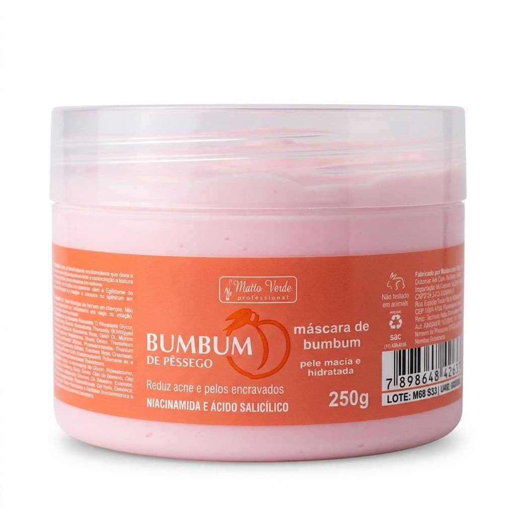 Máscara Bumbum de Pêssego Pele Macia e Hidratada Matto Verde 250g Reduz Acne