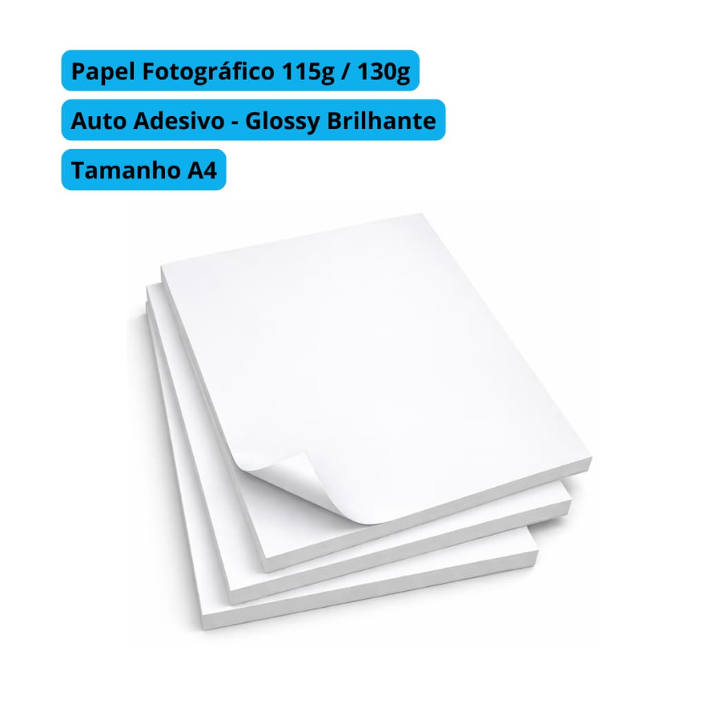 Papel Fotográfico Adesivo A4 Glossy 115g ou 130g Alta Resolução Inkjet (20 ou 50 folhas)
