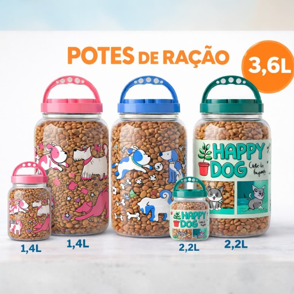 Potes Ração Cachorro 3,6, 2,2L ou 1.4L com Alça e Tampa Carregavel Rosqueadora