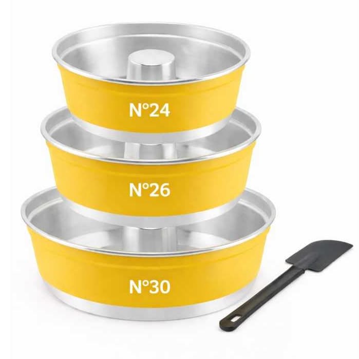 Conjunto 3 Formas de Bolo em Alumínio Amarelo + Espátula Kit 4 peças