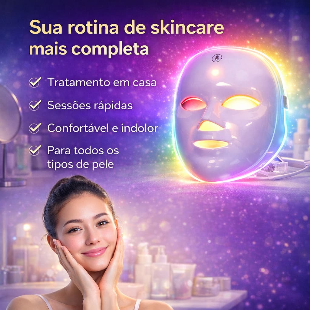 Máscara LED Facial 7 Cores Fototerapia Rejuvenescimento Anti Acne Clareamento