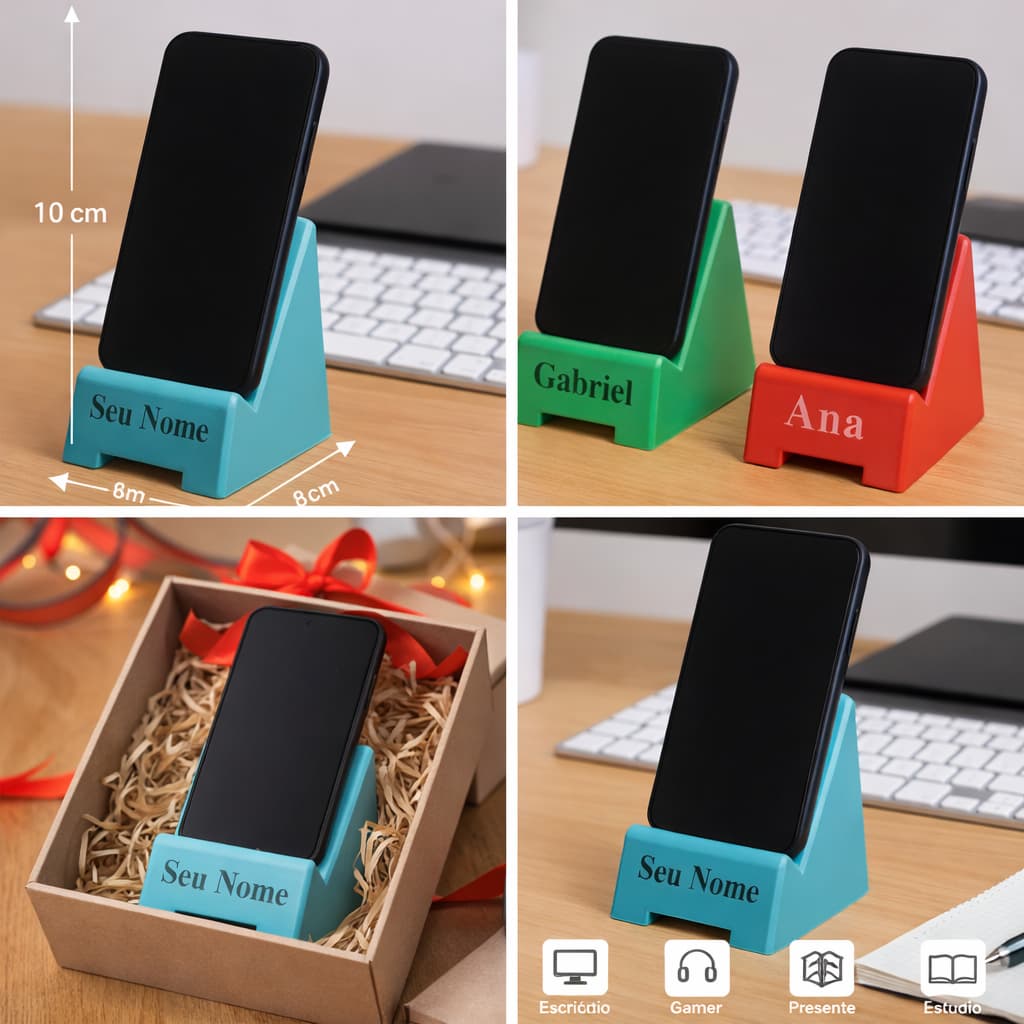 Suporte Celular Personalizado 3D PLA Porta Smartphone Mesa Nome Gravado Decoração Escritório
