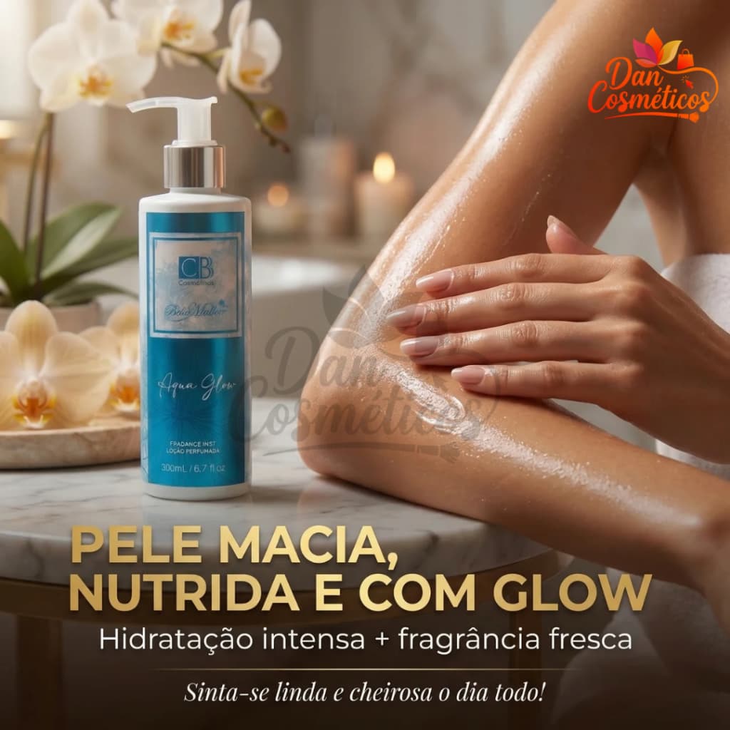 Creme Corporal Loção Perfumada Aqua Glow CBB Cosméticos 200ml - Manteiga Karité + Ureia + Brilho Mica Prata