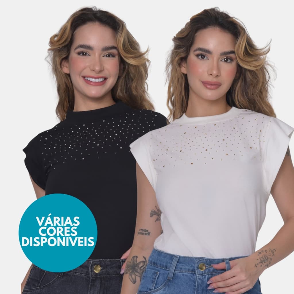 Camiseta Muscle Tee com Strass no Peito Regata Ampla de Ombeira T-shirt Blusa Estampada
