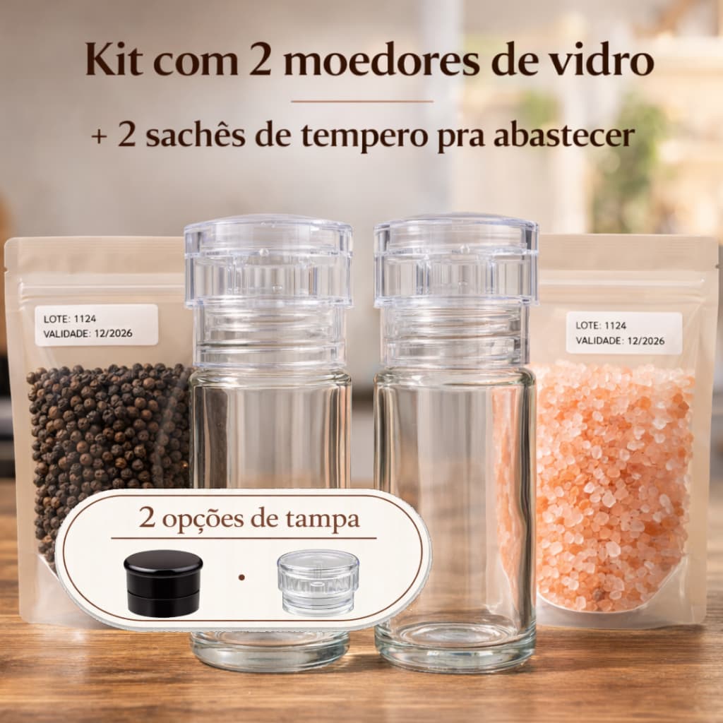 Kit Moedores de Pimenta do Reino e Sal Rosa do Himalaia Kit com potes de vidro + 2 Sachês de Temperos