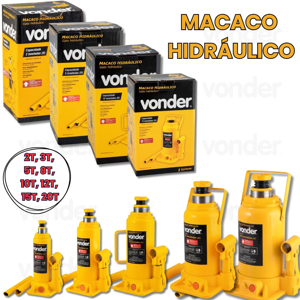 Macaco Hidráulico Tipo Garrafa Vonder 2T 3T 5T 8T 10T 12T 15T 20T Carro Caminhão Elevação Carga Pesada