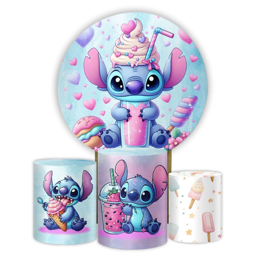 Capas Painel Redondo e Cilindros Tema Decoração Desenho Infantil Stitch Veste Fácil