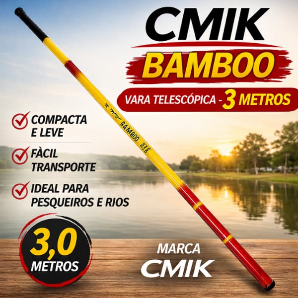 Vara Telescópica 3m CMIK Bamboo Leve 84g Fibra + Carbono Super Resistente Pesca Pesqueiro