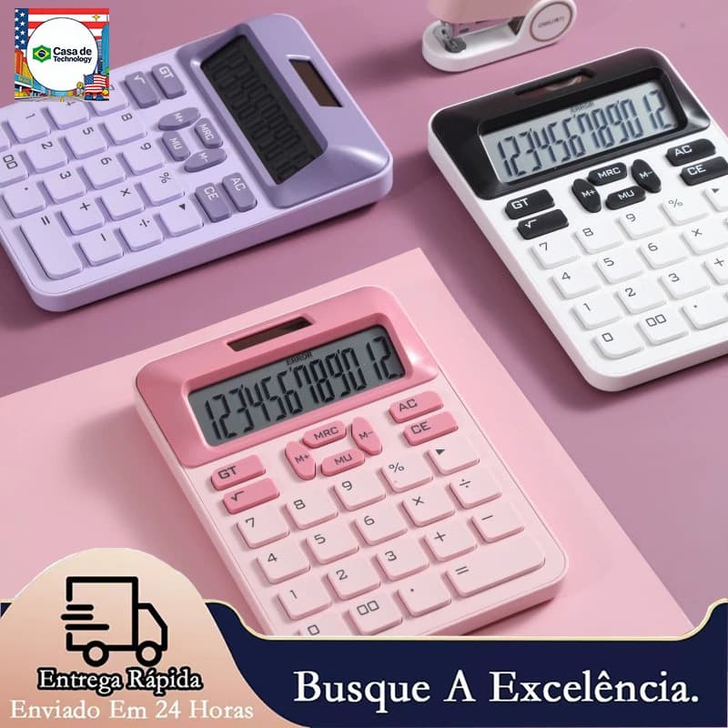 Calculadora com display LCD de 12 dígitos - 4 opções de cores, alimentada por energia solar