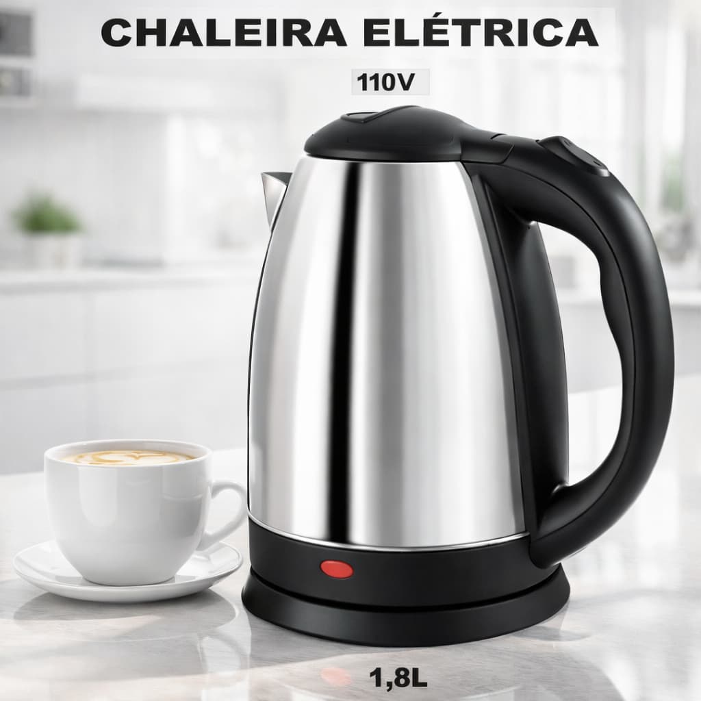 Chaleira Eletrica Inox 1.8L 127V 1000W Desligamento Automatico Base 360 Ideal Cafe Cha Ferve Água