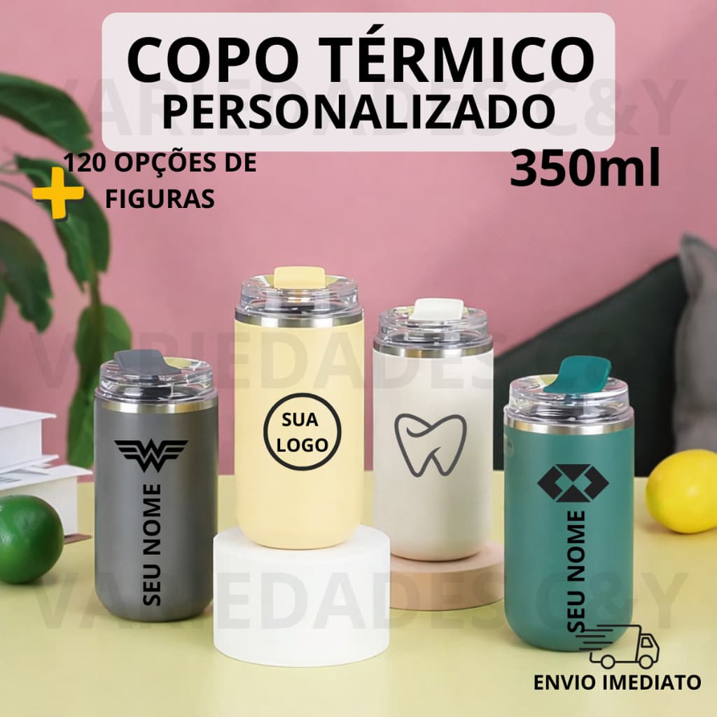 Copo Térmico 350ml Aço Inox Personalizado com Nome mais Figura Desenho Curso