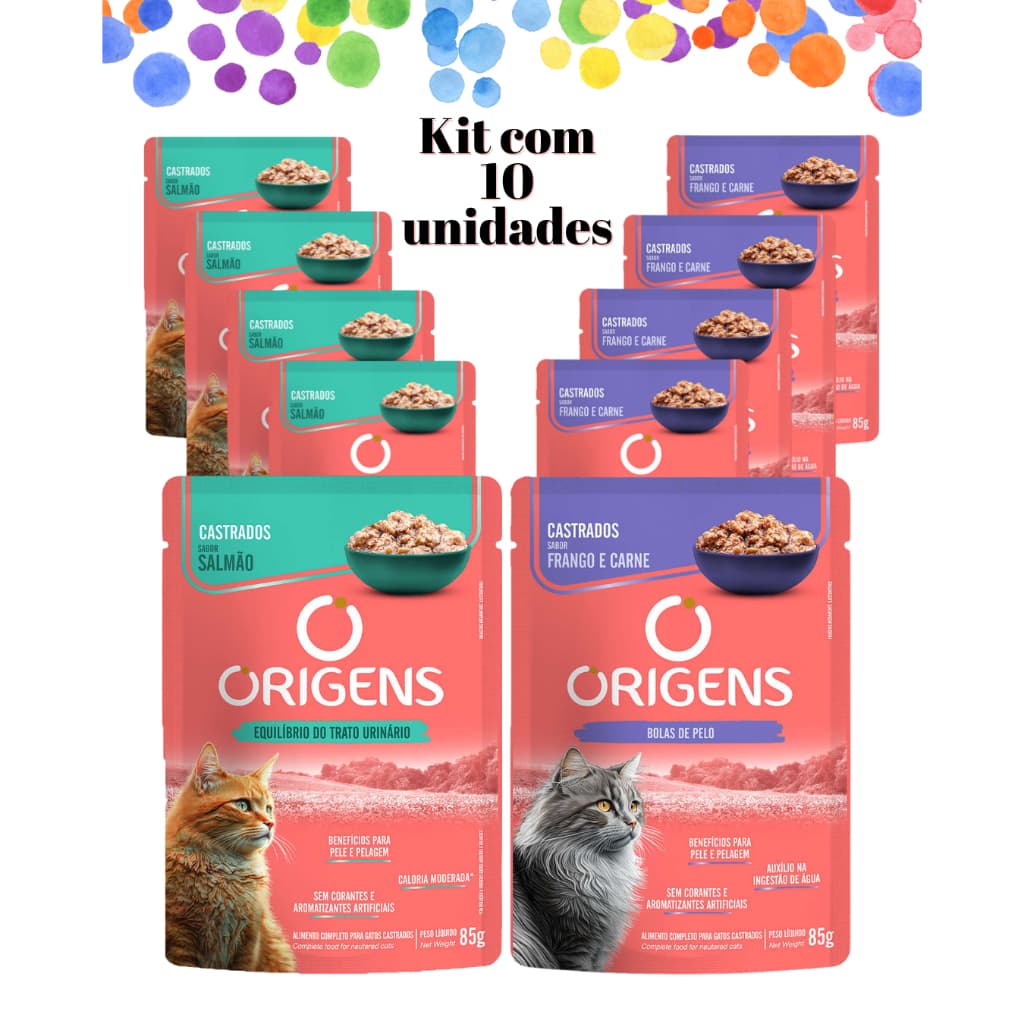 KIT 10 UNI - Sachê Origens Gatos Castrados (5 salmão e 5 frango e carne) - Ração úmida - Premium Especial