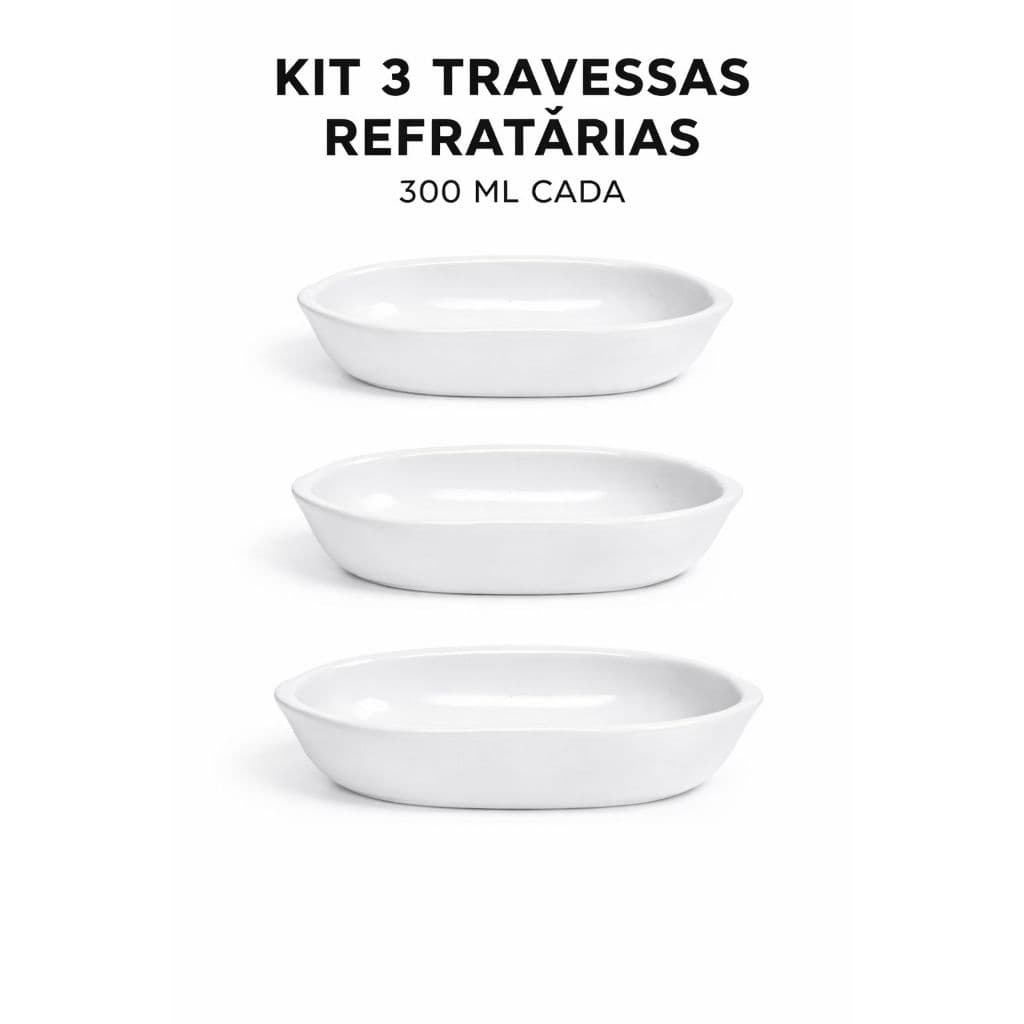Kit 3 Travessas Porcelana Refrataria Oval Branca 300ml