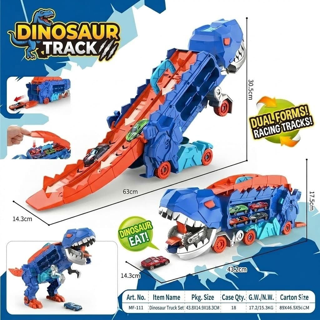 Dinossauro Lançador de Carrinhos 2 em 1 com Pista e Rampa Brinquedo Infantil Caminhão
