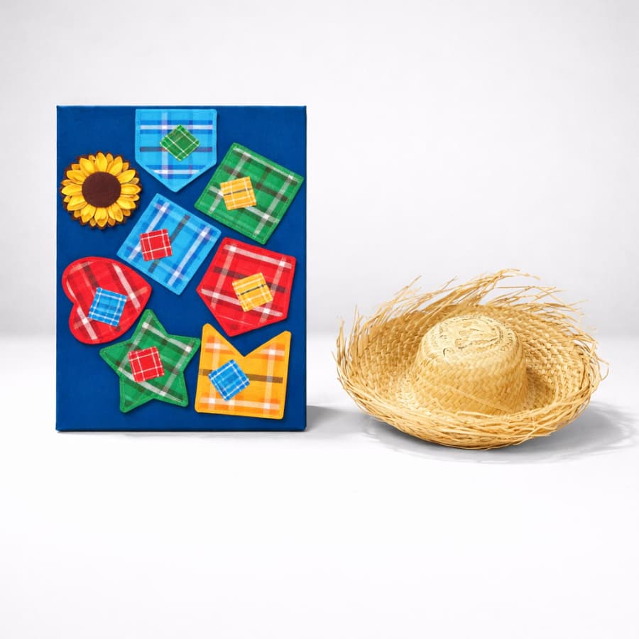 Kit Festa Junina Chapéu de Palha Adulto + Adesivos Retalhos