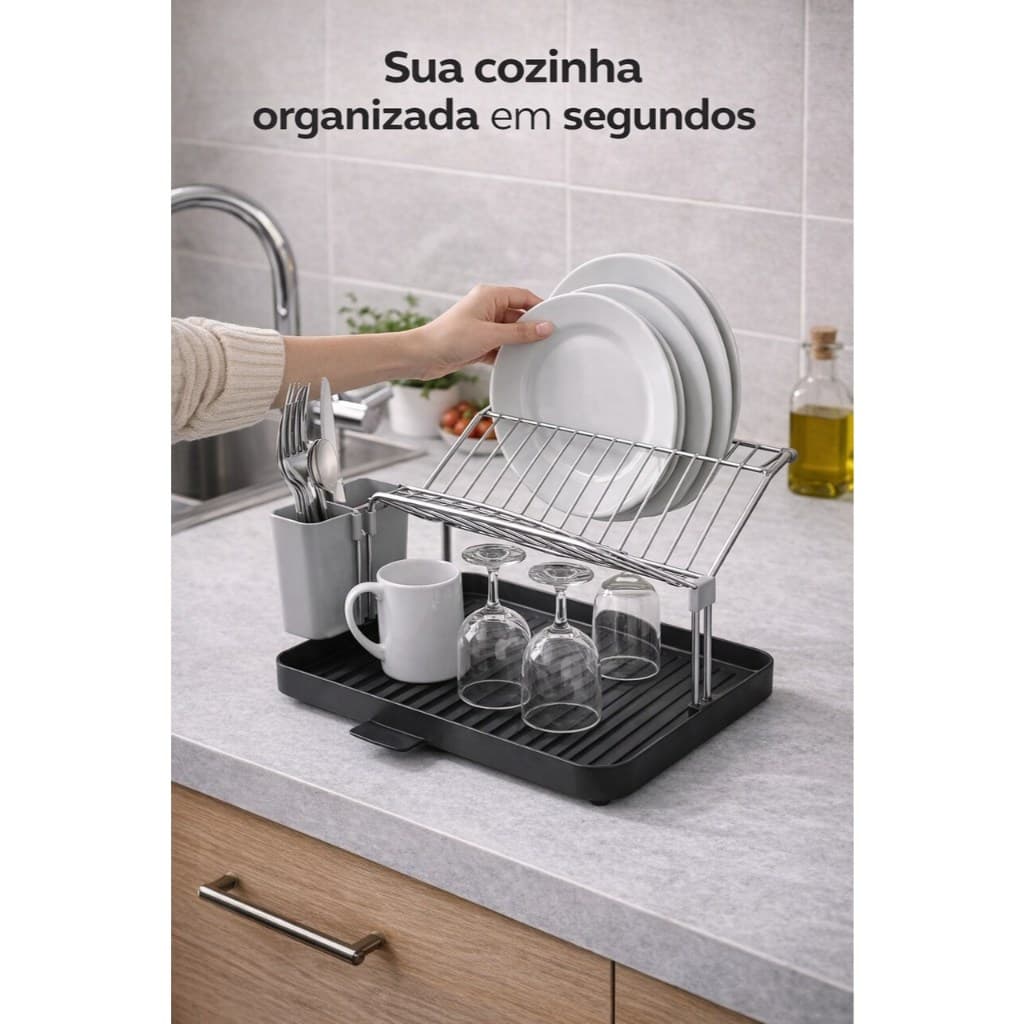 ✨ Escorredor de Pratos Metal e Plástico com Porta Talheres e Bandeja